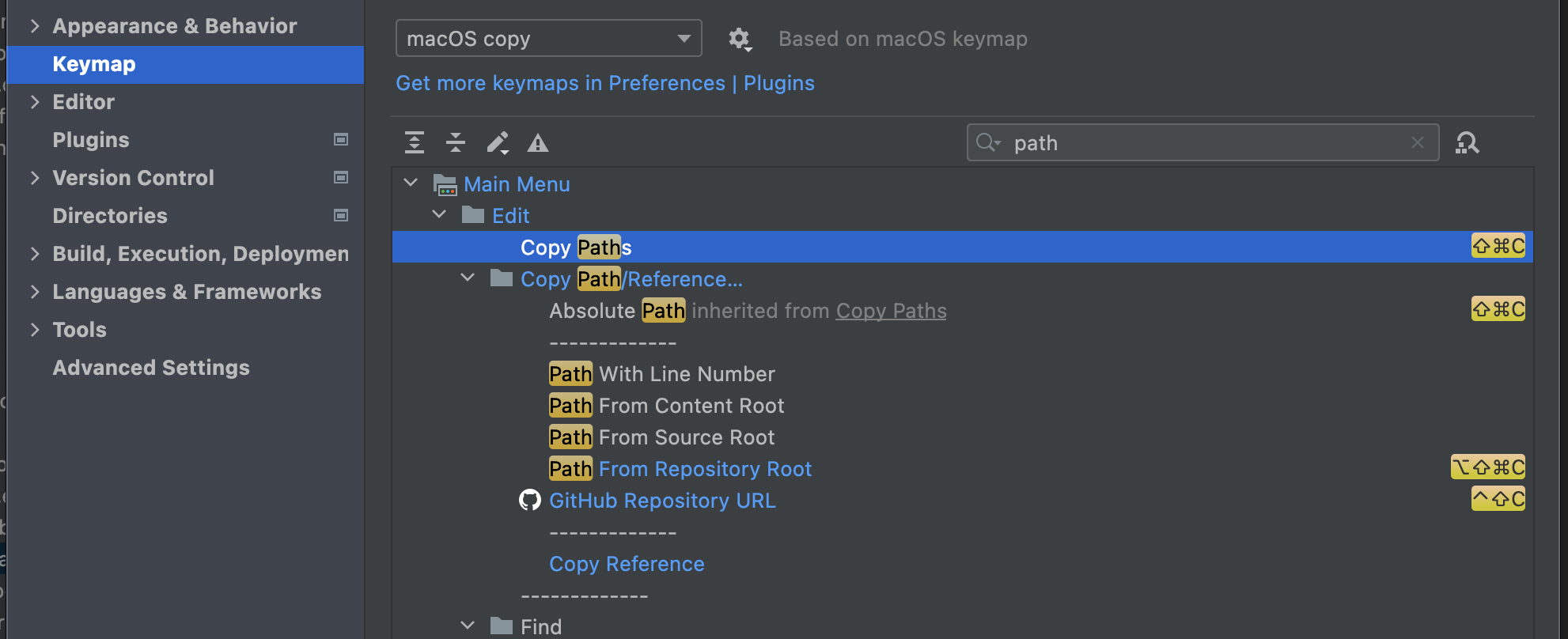 Path copy keyboard shortcuts